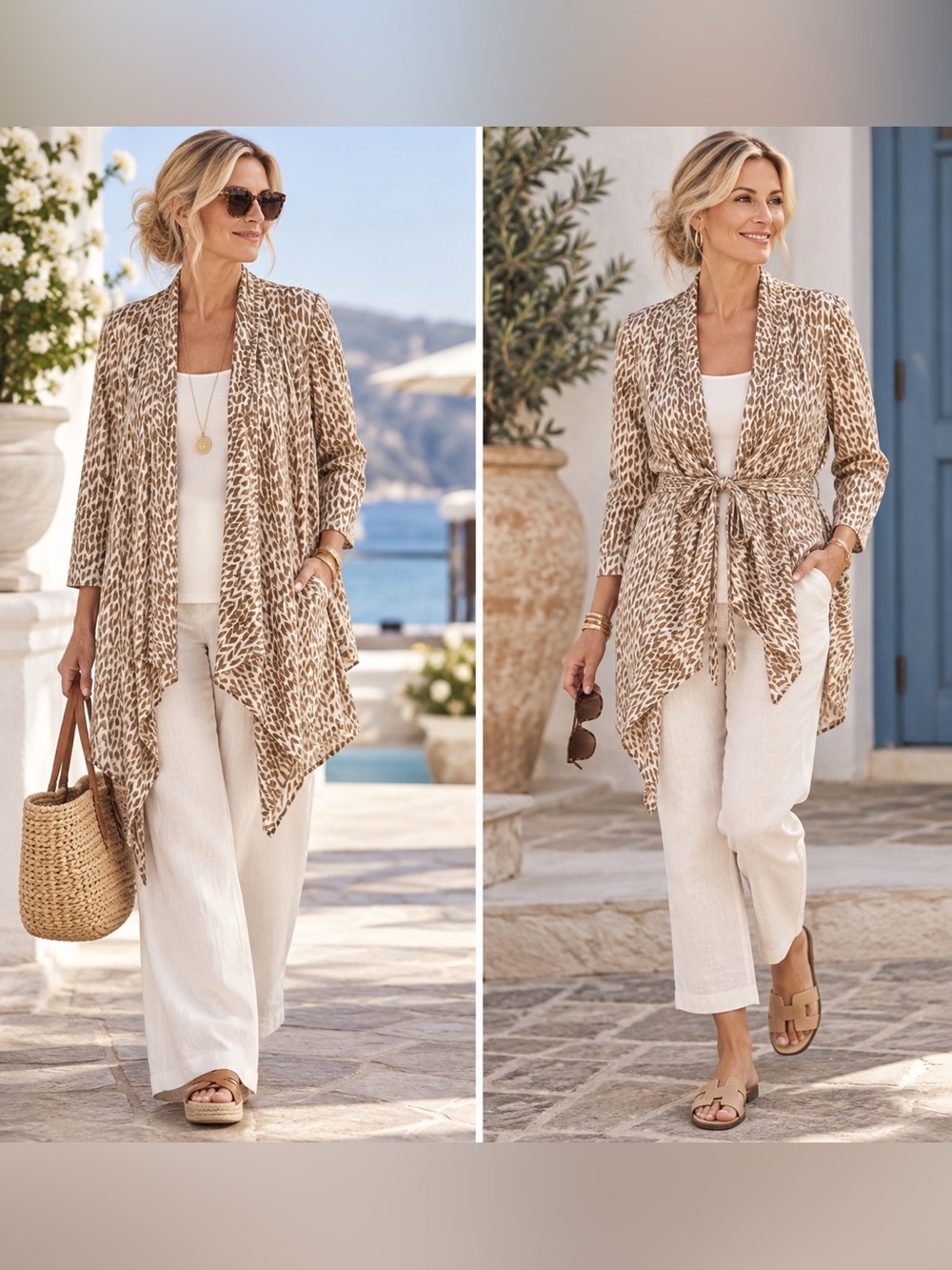 Lightweight Leaf Geometric Print Sweater Jacket in Taupe